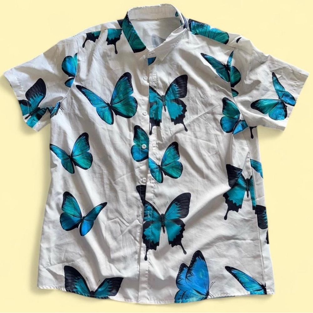 Men's White Shirt with Blue Butterfly Print